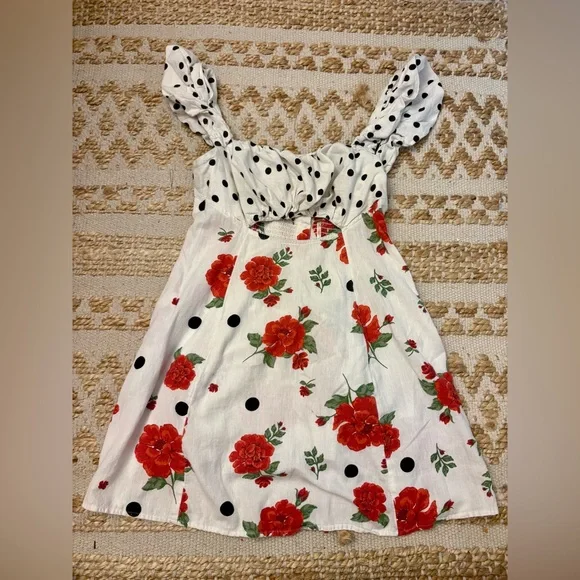 Free People White Polka Dot & Red Floral Cutout Mini Dress - Picture 3 of 5